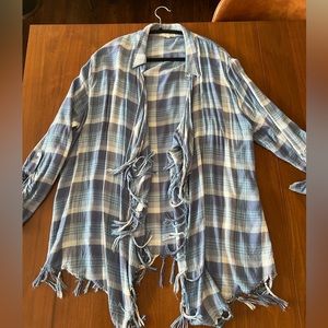 Willow & Clay blue plaid lightweight fringed open cardigan L
